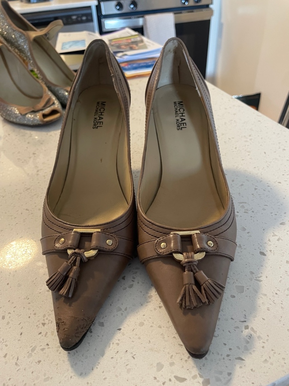 Michael Kors Taupe Leather Pointed-Toe Tassel Pumps